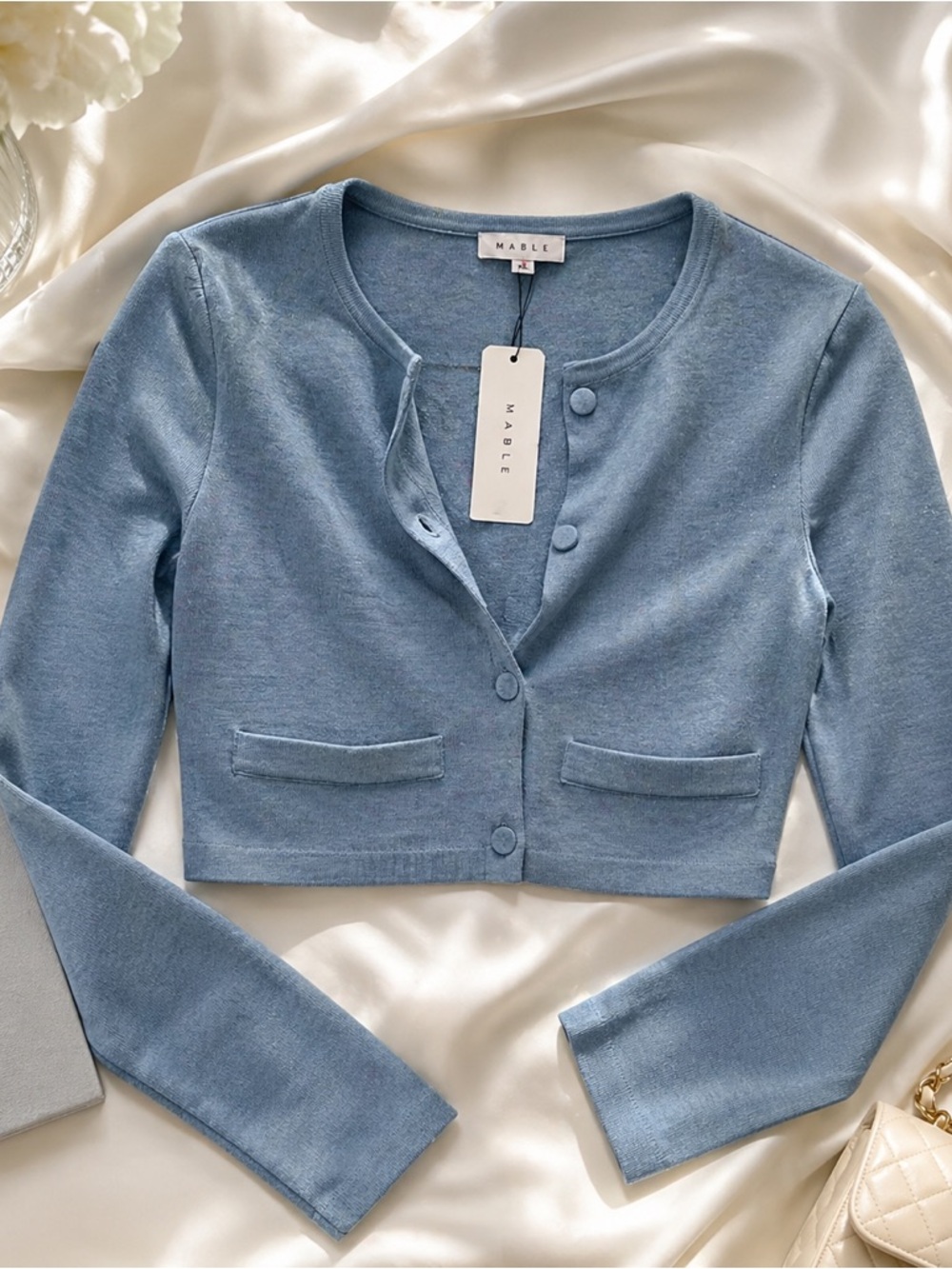 MABLE Blue Cropped Knit Cardigan Soft Girl Luxury Aesthetic Top $70 Retail